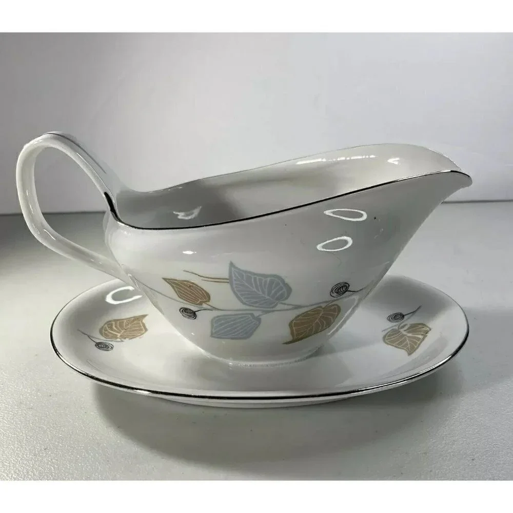 Bavaria Germany‎ Fine China Mid-Century Blue Brown Leaf Gravy Boat Silver Edging
